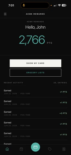 Loyalty app home screen with points balance and recent activity