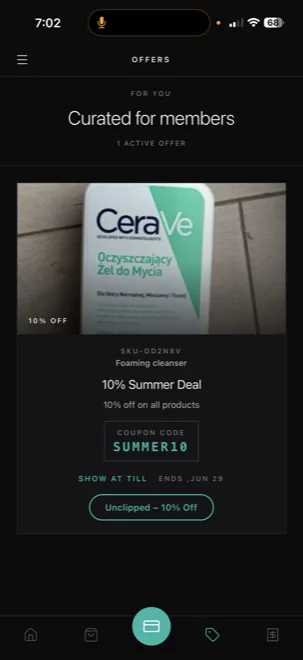 Curated offers screen with 10% Summer Deal on Foaming Cleanser