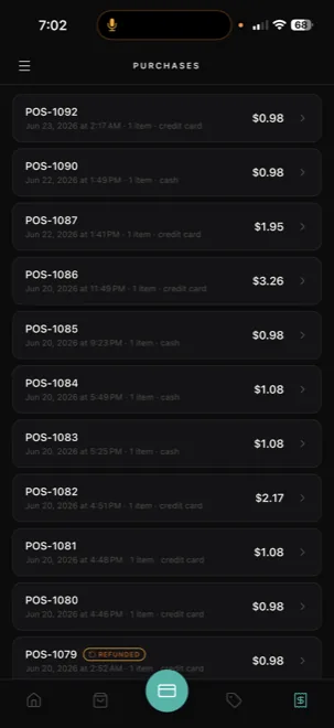 Purchase history list with amounts and refund status