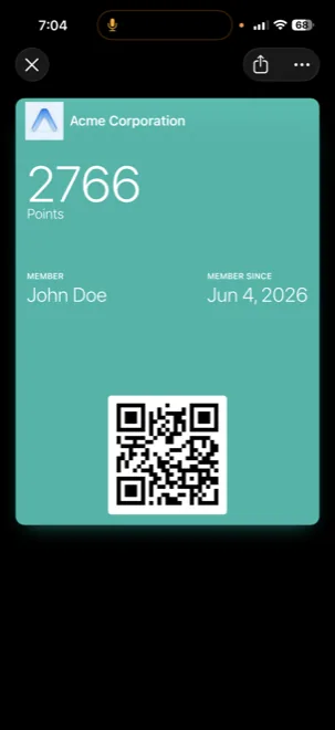 Apple Wallet pass showing Acme Corporation loyalty card
