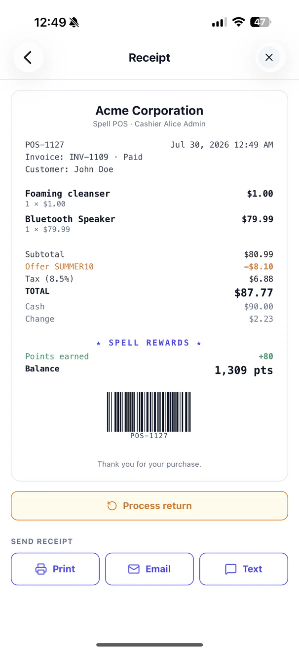 POS receipt showing SUMMER10 offer applied and rewards points earned