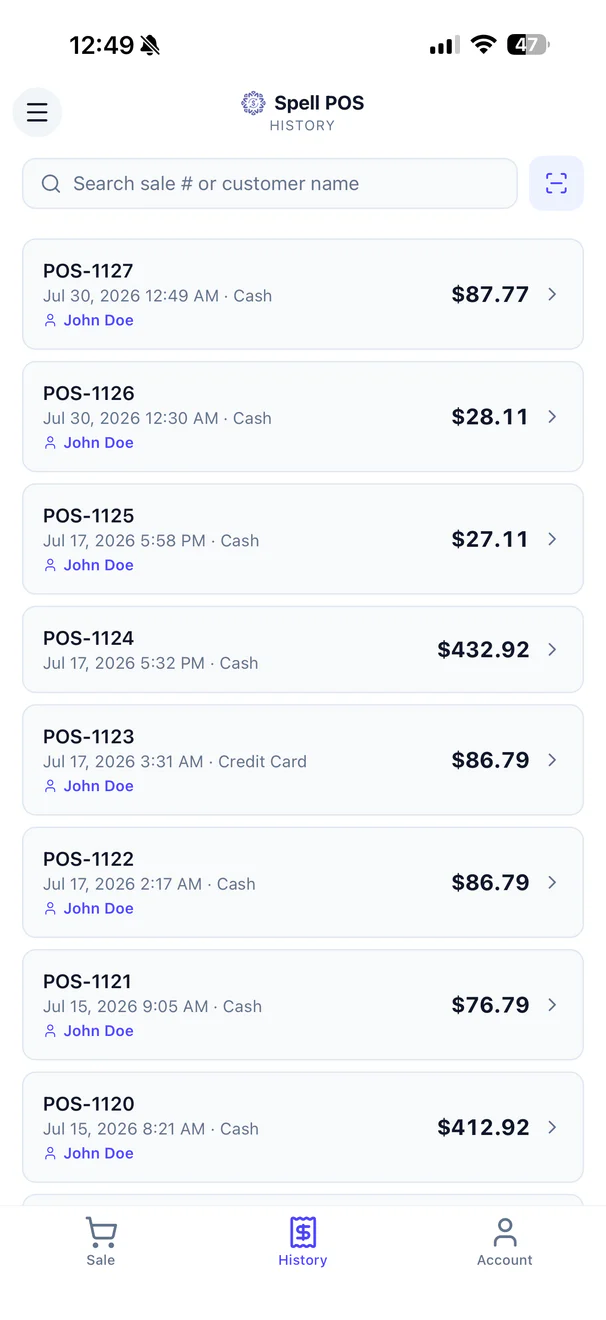 POS sales history list with recent receipts and totals